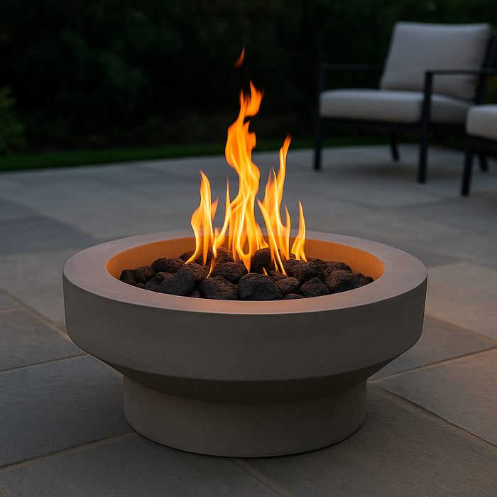 A modern round fire pit constructed from smooth gray concrete, with vibrant orange flames rising from black lava rocks. It’s placed in an outdoor patio area with wooden decking, surrounded by minimalist outdoor seating and ambient evening lighting.