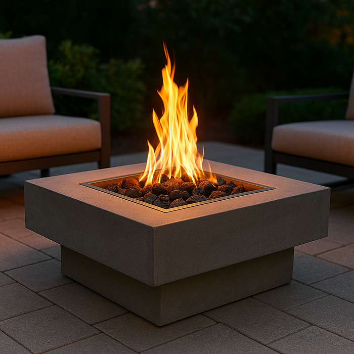 A square concrete fire pit table with a central gas burner filled with black lava rocks and vibrant orange flames. The table is surrounded by cushioned outdoor lounge chairs on a wooden deck, set against a backdrop of greenery in a cozy evening patio scene.