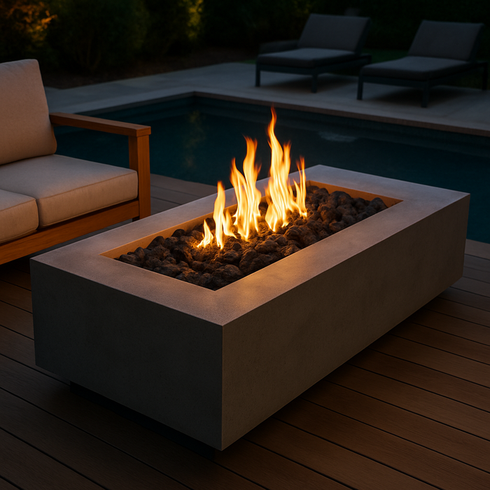 A contemporary rectangular gas fire pit made of smooth gray concrete, set on a wooden-deck patio beside a pool. Bright orange flames burn over black lava rocks, with modern lounge chairs nearby and soft evening ambient lighting.
