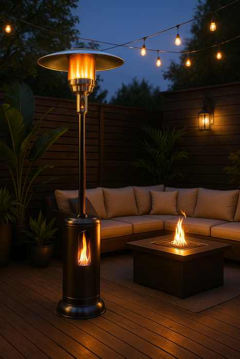 A promotional image featuring a tall, stainless steel gas propane heater with a visible flame, standing on a wooden floor against a neutral beige wall. On the left side of the image, bold black text reads "Gas Propane Heater" with the tagline "Premium quality gas propane heaters for any space" below it. Two potted plants flank the heater, adding a touch of greenery to the clean, modern composition.