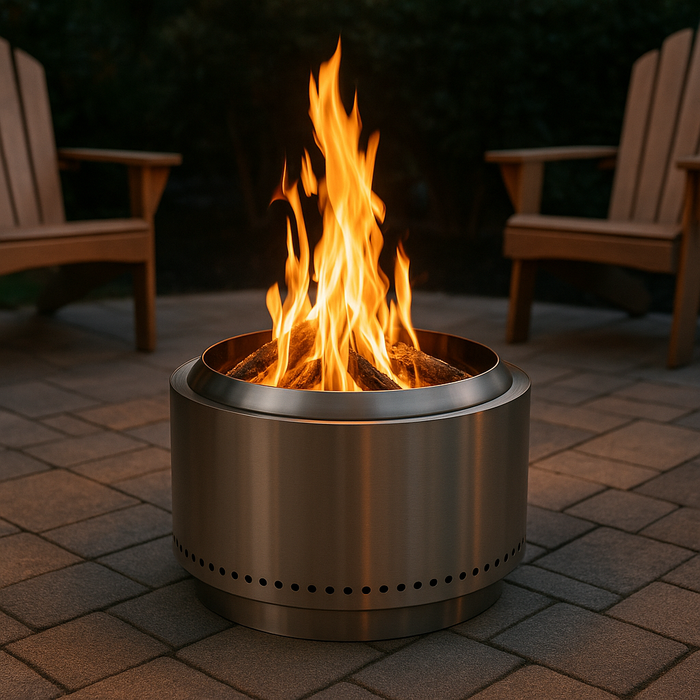 A cylindrical stainless steel smokeless fire pit on a paver patio, with bright orange flames rising from wooden logs. Two wooden Adirondack chairs face the fire, surrounded by greenery in a cozy backyard setting at dusk.