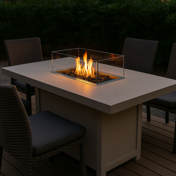 An outdoor dining-height fire pit table made of weathered concrete with a linear gas burner in the center. Surrounded by high-back patio chairs, the table is set on a wooden deck with string lights above, creating a cozy ambiance for evening meals.