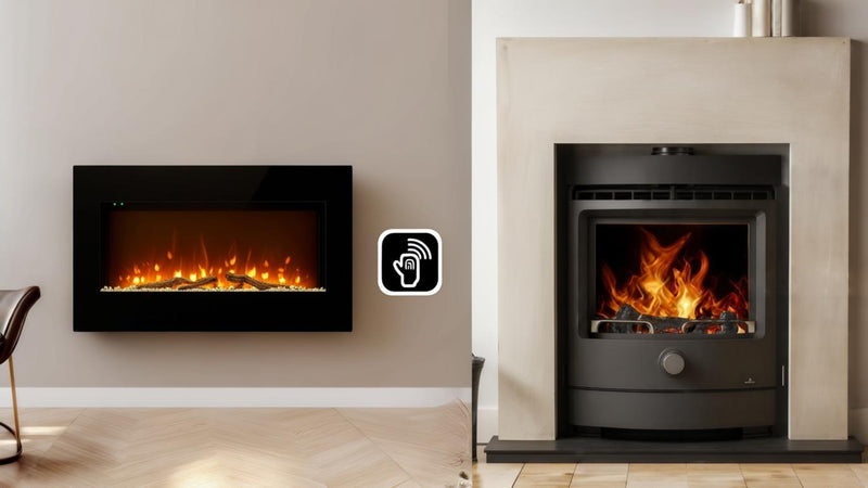 A side-by-side image showing an electric fireplace with a glowing blue LED flame and smartphone control, next to a gas fireplace with traditional ceramic logs and a warm yellow flame.