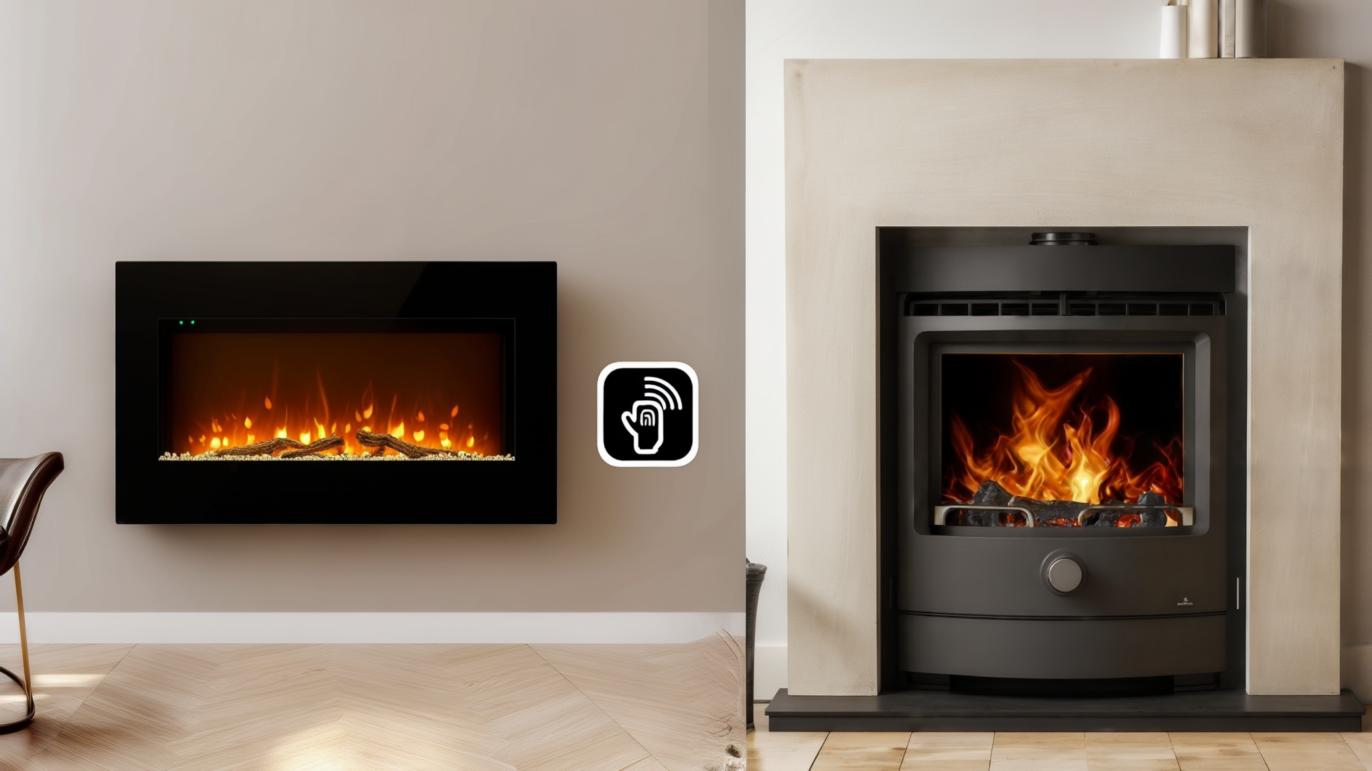A side-by-side image showing an electric fireplace with a glowing blue LED flame and smartphone control, next to a gas fireplace with traditional ceramic logs and a warm yellow flame.