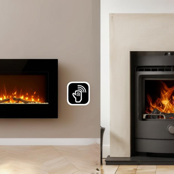 A side-by-side image showing an electric fireplace with a glowing blue LED flame and smartphone control, next to a gas fireplace with traditional ceramic logs and a warm yellow flame.