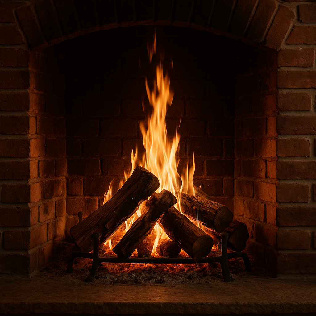 A warm, rustic brick fireplace with glowing logs and bright orange flames, creating a cozy and inviting atmosphere.