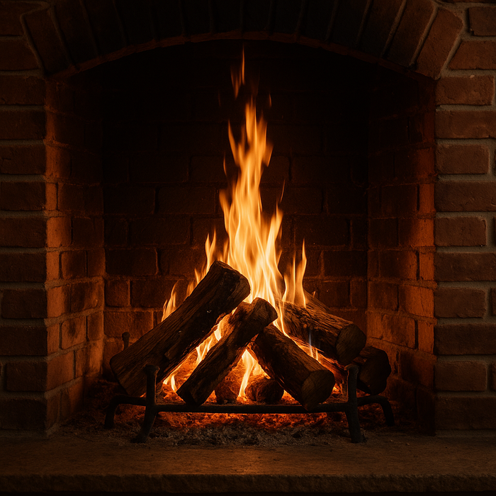 A warm, rustic brick fireplace with glowing logs and bright orange flames, creating a cozy and inviting atmosphere.