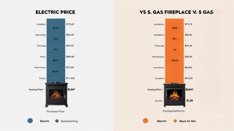 Infographic comparing 10-year total costs of electric fireplace at $1,547 versus gas fireplace at $9,128 with detailed cost breakdowns