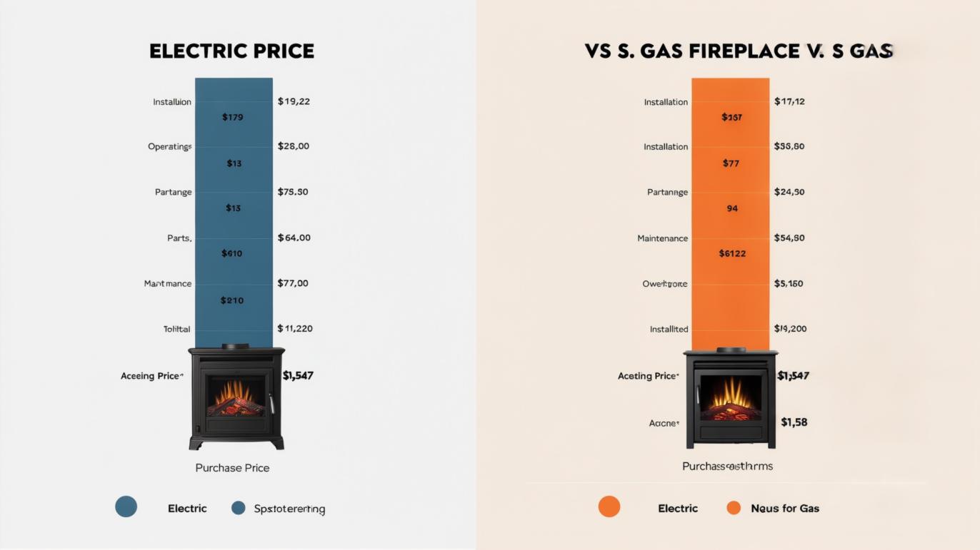 Infographic comparing 10-year total costs of electric fireplace at $1,547 versus gas fireplace at $9,128 with detailed cost breakdowns