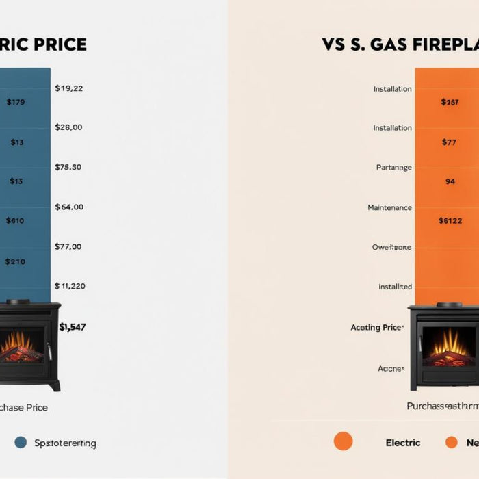 Infographic comparing 10-year total costs of electric fireplace at $1,547 versus gas fireplace at $9,128 with detailed cost breakdowns