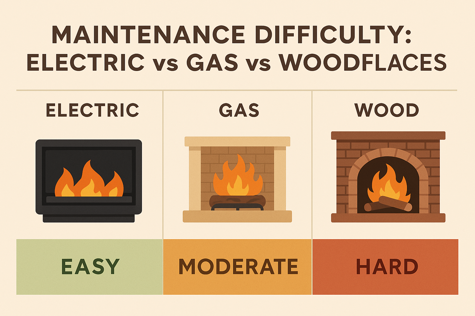 Maintenance Difficulty: Electric vs Gas vs Wood Fireplaces