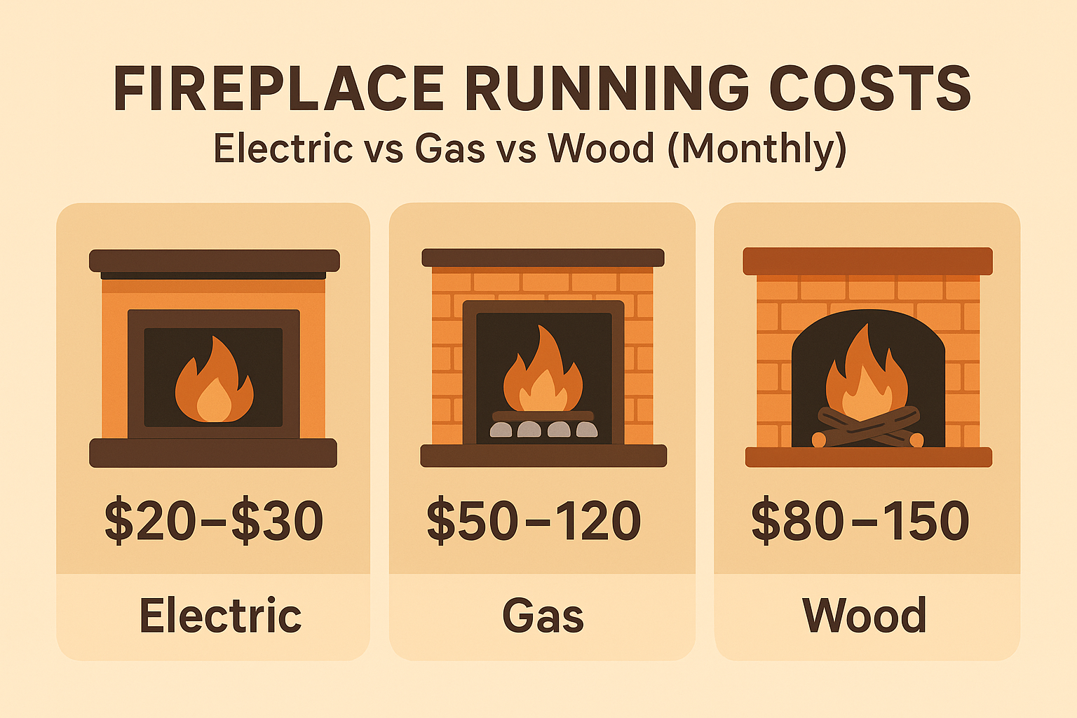 Fireplace Running Costs (2025) – Electric vs Gas vs Wood Monthly Comparison