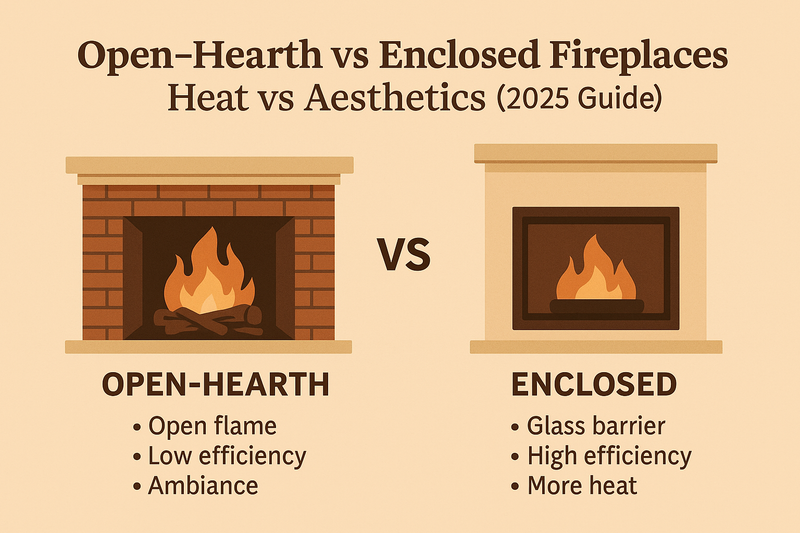 Open-Hearth vs Enclosed Fireplaces: Heat vs Aesthetics (2025 Guide)