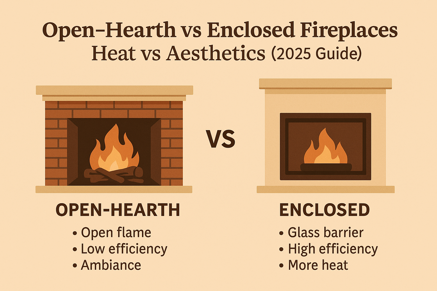 Open-Hearth vs Enclosed Fireplaces: Heat vs Aesthetics (2025 Guide)