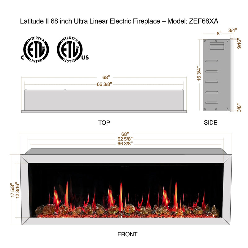 Latitude II 68-in Smart Wall Mount Electric Fireplace + Reflective Fire Glass - Electric Fireplace -  Latitude -  Electric Fireplace -  ZEF68XA