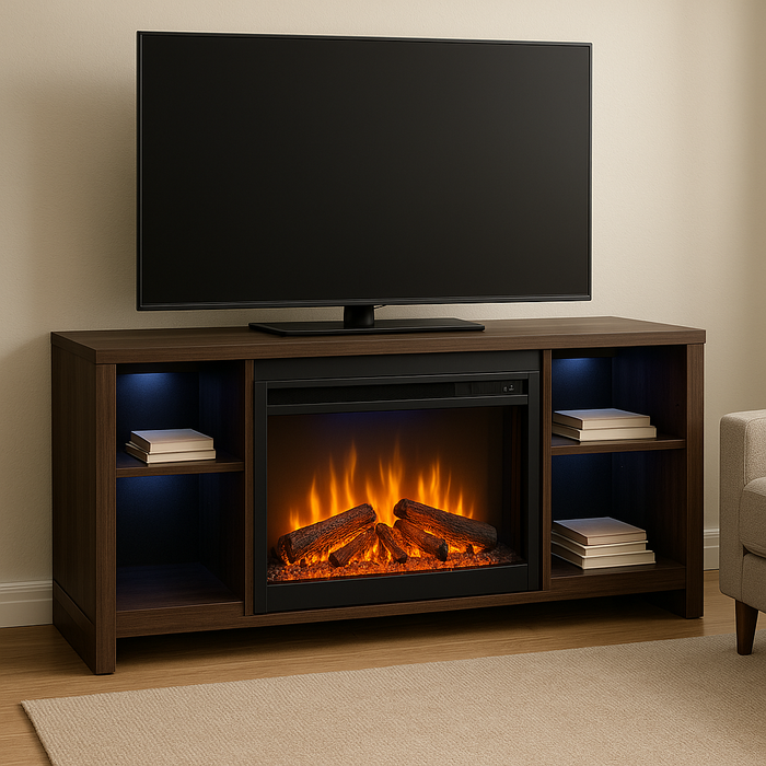  modern electric fireplace TV stand with a dark wood finish, featuring a central electric insert displaying glowing ember logs and orange flames. The unit includes LED-lit side shelves holding books, a large flat-screen TV on top, and is set in a cozy living room with a beige rug and light-colored sofa.