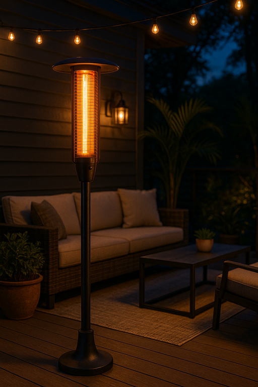 A cozy outdoor patio at dusk featuring a tall, freestanding electric patio heater with a sleek black finish. The heater emits a warm amber glow, softly illuminating a wicker sectional sofa with light cushions, a modern coffee table, and surrounding potted plants. String lights hang overhead, and a vintage-style wall sconce adds extra ambiance. The wooden deck flooring and twilight sky complete the inviting and stylish setting.
