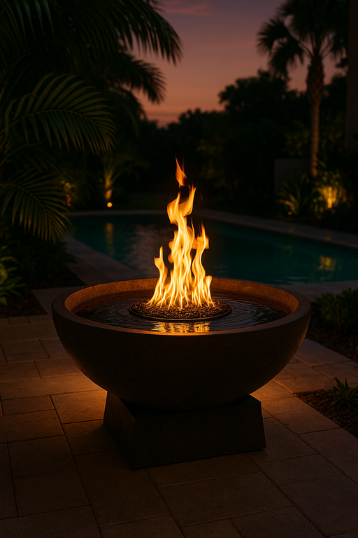 Fire pit with flames glowing brightly in a dark outdoor setting with palm trees and a pool.