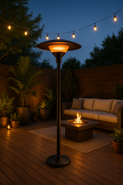 A cozy outdoor patio at twilight featuring a tall freestanding electric patio heater with a sleek black finish and a glowing amber heating element. The heater stands on a wooden deck near a contemporary wicker sofa with light cushions and a square fire table. Surrounding the seating area are potted tropical plants, warm string lights overhead, and soft lantern lighting, creating a tranquil and inviting evening atmosphere.
