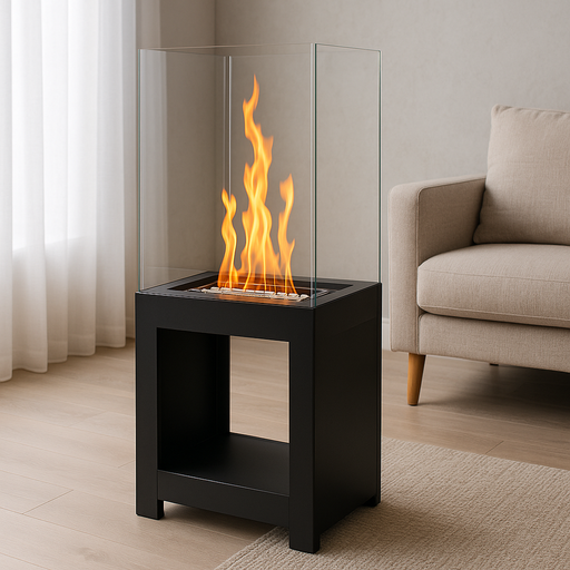 A modern freestanding ethanol fireplace with a black metal base and glass enclosure, featuring tall orange flames rising from a stainless steel burner. It’s placed in a minimalist living room with a beige sofa, light wood flooring, and soft natural light filtering through white curtains.