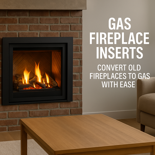 A gas fireplace insert with a matte black frame installed inside a traditional red brick fireplace, featuring glowing ceramic logs and bright orange flames. Bold white text on the wall reads “GAS FIREPLACE INSERTS – CONVERT OLD FIREPLACES TO GAS WITH EASE,” beside a wooden coffee table and beige sofa in a softly lit living room.
