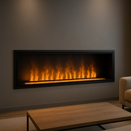 A wide linear water-vapor fireplace recessed into a matte gray wall, framed in black with lifelike orange-yellow mist flames rising above a bed of crystal embers. A light wood coffee table and beige sofa sit in front, all within a softly lit modern living room.