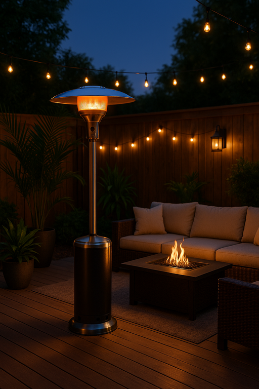A cozy outdoor patio at dusk featuring a mushroom-top gas patio heater with a tall stainless steel body and a wide reflective dome emitting a warm orange glow. The heater stands beside a wicker sectional sofa with light cushions and a square fire pit table. The wooden deck is surrounded by potted plants, a wooden privacy fence, and ambient string lights overhead, creating a welcoming and tranquil atmosphere.
