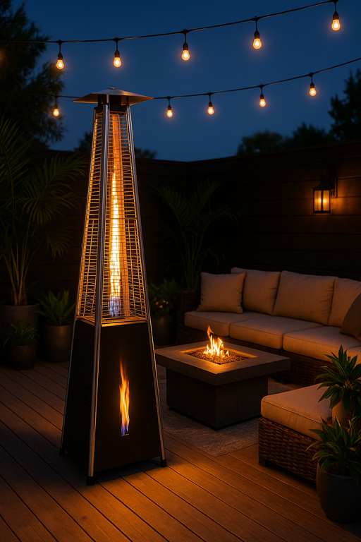 A stylish outdoor patio at twilight featuring a tall pyramid-style gas patio heater with a sleek black and stainless steel frame. The heater displays a vertical flame enclosed in a glass tube, surrounded by protective metal grates, casting a warm glow. Nearby, a wicker sectional sofa with light cushions encircles a square fire table. Potted tropical plants, wooden deck flooring, a wall lantern, and string lights overhead complete the cozy and elegant setting.
