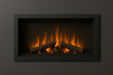 A recessed electric fireplace built into a dark gray wall, featuring a matte black frame, glowing ceramic logs, and flickering orange flames over dark lava rocks, creating a sleek and modern built-in appearance.