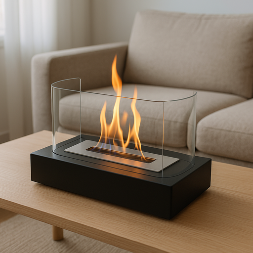 A modern tabletop ethanol fireplace with a black rectangular base, stainless steel burner, and curved tempered glass sides. It sits on a light wood coffee table in front of a beige sofa, with natural light filtering through sheer curtains in a minimalist living room.