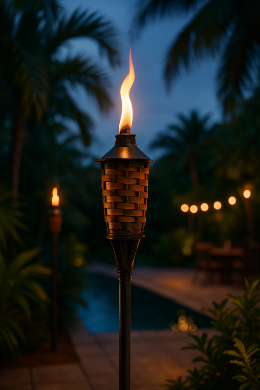 Tiki torch with flame against a dark background with palm trees and string lights.