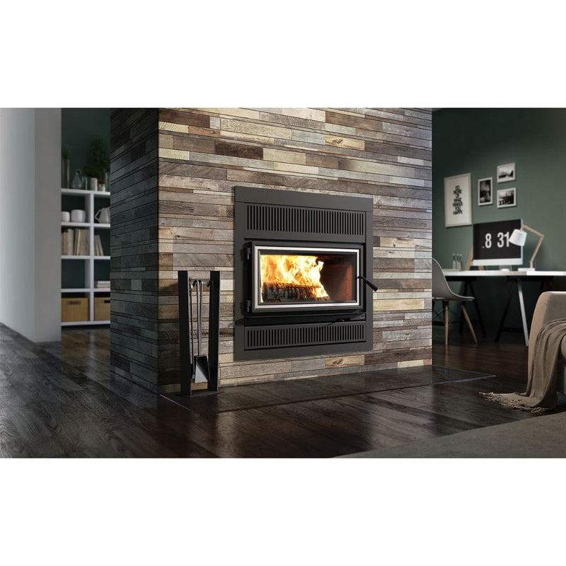 Valcourt Lafayette IIS Wood Fireplace With Brushed Nickel Door Overlay, Black Square Faceplate, & Urban Style Faceplate Louver