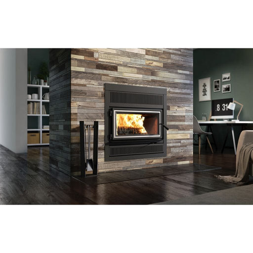 Valcourt Lafayette IIS Wood Fireplace With Brushed Nickel Door Overlay, Black Square Faceplate, & Urban Style Faceplate Louver