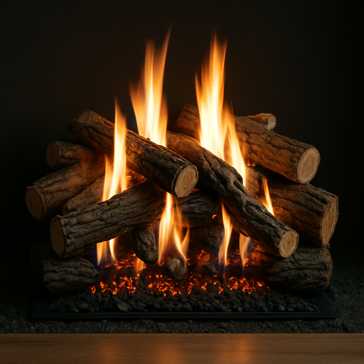 A realistic ventless gas log set with ceramic wood logs arranged in a traditional open fireplace. Bright yellow-orange flames rise between the logs, with glowing embers below. The fireplace is set into a brick wall in a cozy living room setting with soft ambient lighting.