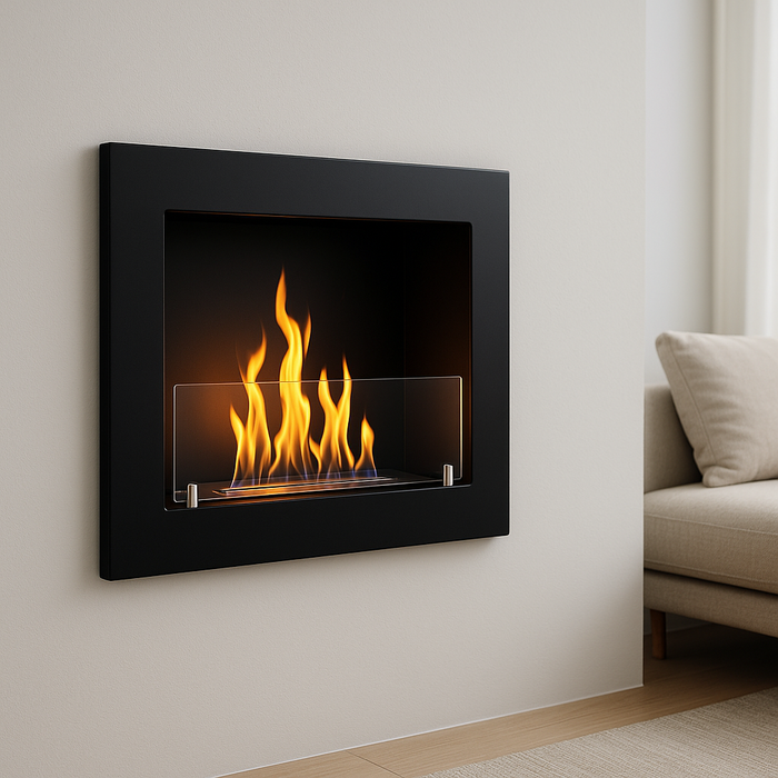 A modern wall-mounted ethanol fireplace with a matte black frame and tempered glass shield, displaying tall yellow-orange flames. It’s installed on a light gray wall beside a beige sofa, in a minimalist living room with natural lighting.
