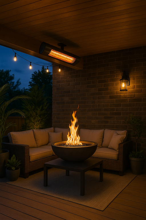 An outdoor covered patio at dusk featuring a ceiling-mounted electric patio heater with a sleek black finish, glowing warmly above a cozy seating area. Below, a dark wicker L-shaped sofa with light cushions surrounds a fire bowl centerpiece placed on a modern coffee table. The scene includes string lights hanging from the wooden ceiling, a wall-mounted lantern, potted plants, and wood plank flooring, all set against a brick wall backdrop. The atmosphere is warm, inviting, and ideal for evening relaxation.
