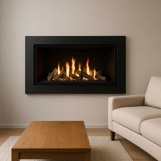 A modern wall-mounted gas fireplace with a matte black frame and realistic ceramic logs, built into a light gray wall. Orange flames rise above the ember bed, with a beige sofa and wooden coffee table arranged in front of the fireplace in a softly lit, minimalist living room.
