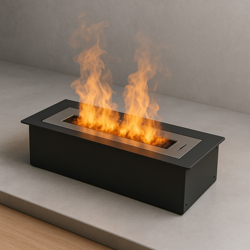 A modern rectangular water-vapor cassette burner with a matte black body and stainless steel top, emitting lifelike orange mist flames from a narrow central opening. It is placed on a smooth gray surface in a minimalist setting with soft ambient lighting.