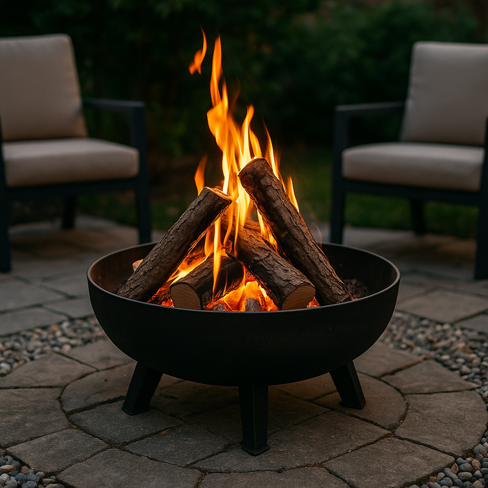 A round wood-burning fire pit made of rusted steel with stacked logs ablaze, placed on a stone patio surrounded by Adirondack chairs. The scene captures a cozy backyard gathering at dusk with warm ambient lighting and trees in the background.