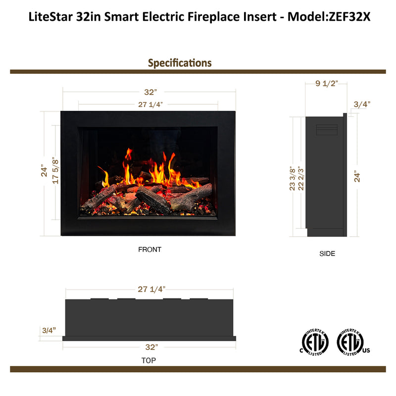 LiteStar ZEF32X Electric Fireplace – 2025 New Model