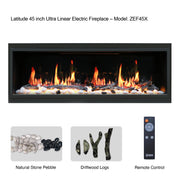 Latitude 45 inch Ultra Linear Electric Fireplace with flames, remote control, and decorative elements on a white background.
