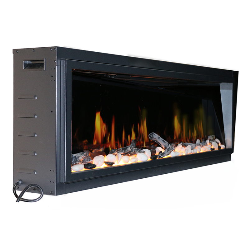 Electric fireplace insert with glowing logs and flames on a white background