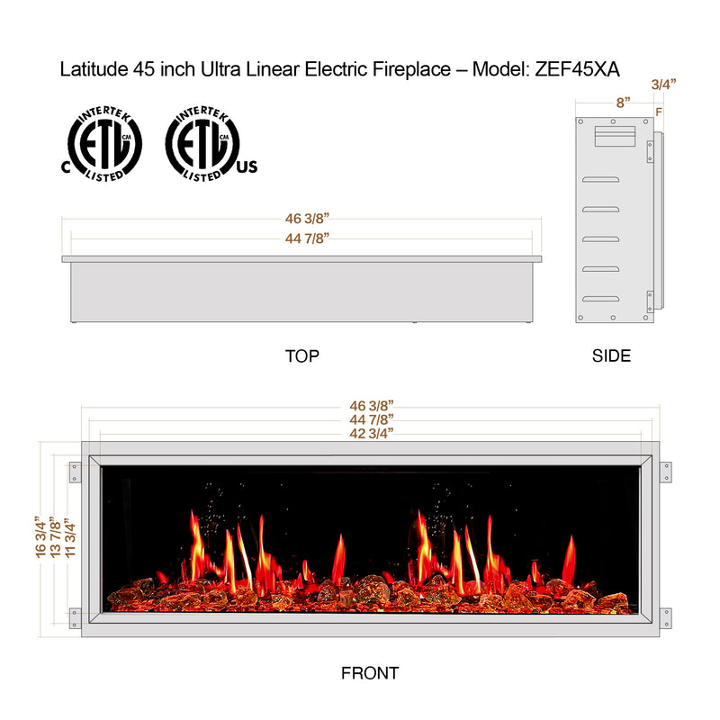 Latitude 45" Ultra Slim Electric Fireplace + Reflective Fire Glass