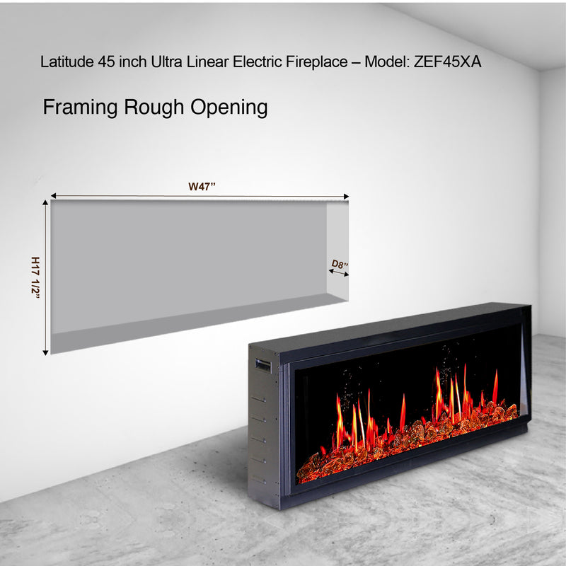 Latitude 45" Ultra Slim Electric Fireplace + Reflective Fire Glass