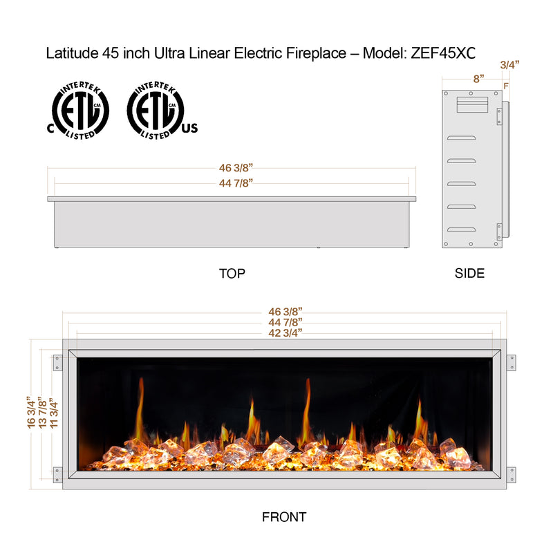 Latitude 45" Ultra Slim Built-in Electric Fireplace + Crushed Ice Rocks