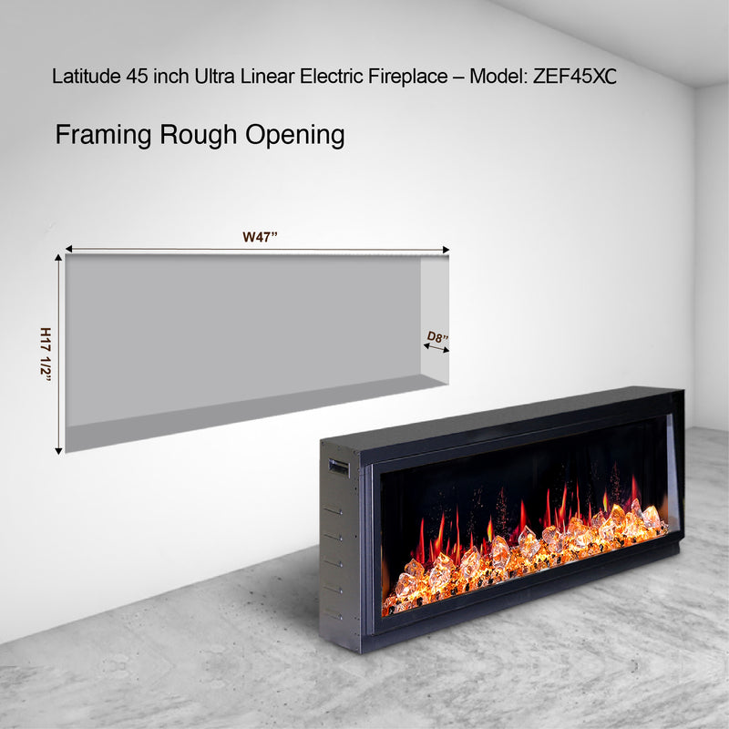 Latitude 45" Ultra Slim Built-in Electric Fireplace + Crushed Ice Rocks