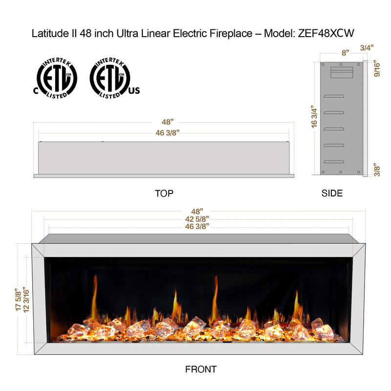 Gloria II 48" Seamless Push-in Electric Fireplace with Crushed Ice Rocks (White)
