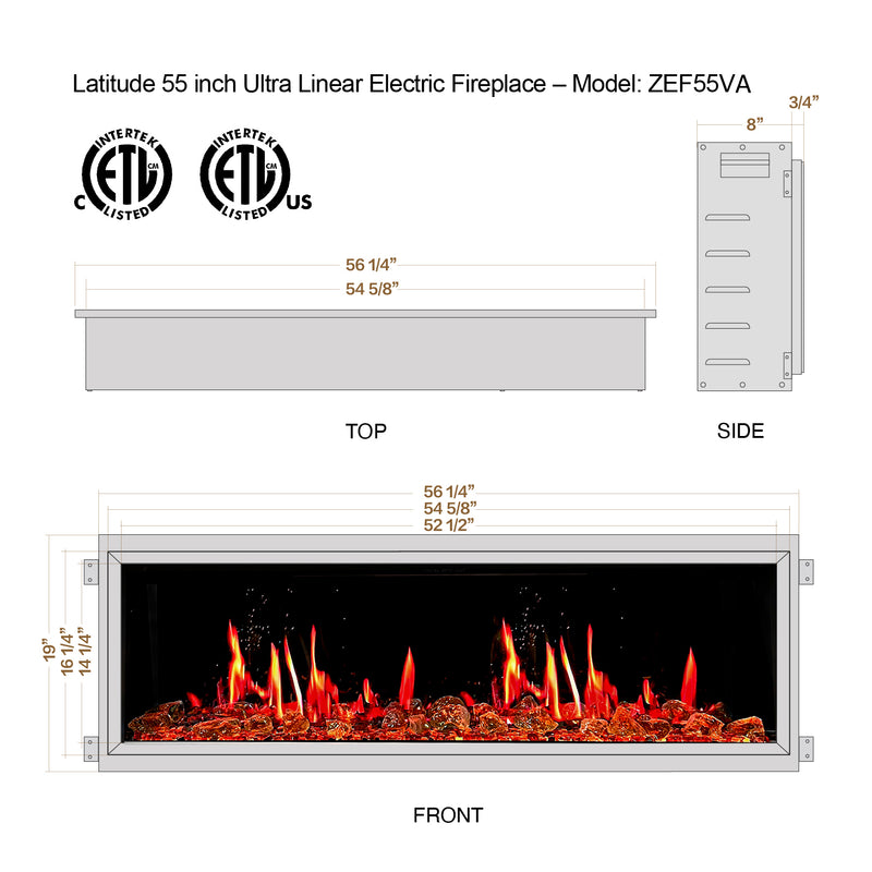 Latitude 55" Built-in Linear Electric Fireplace + Reflective Fire Glass