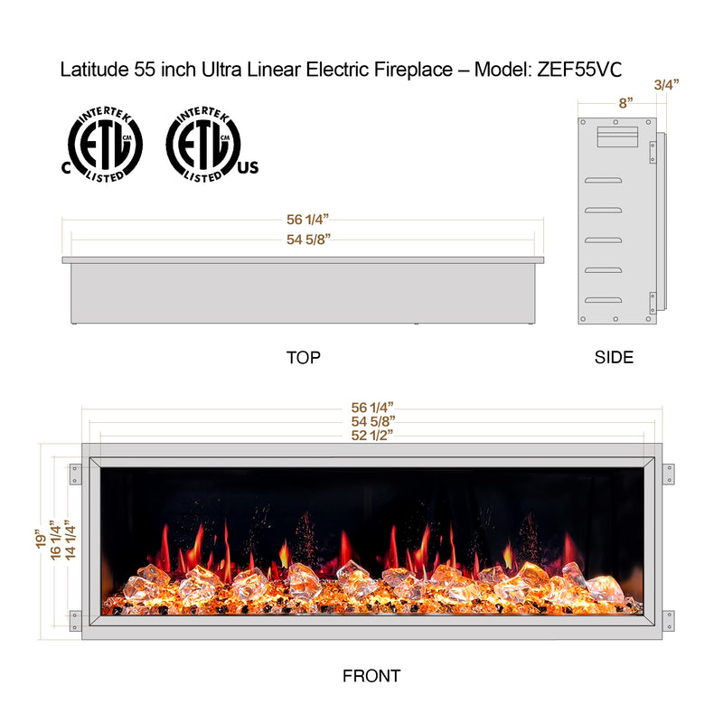 Latitude 55" Built-in Linear Electric Fireplace + Crushed Ice Rocks