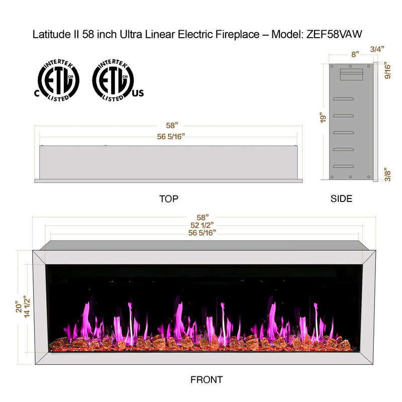 Gloria II 58" Smart Wall Mount Electric Fireplace with Reflective Fire Glass (White)